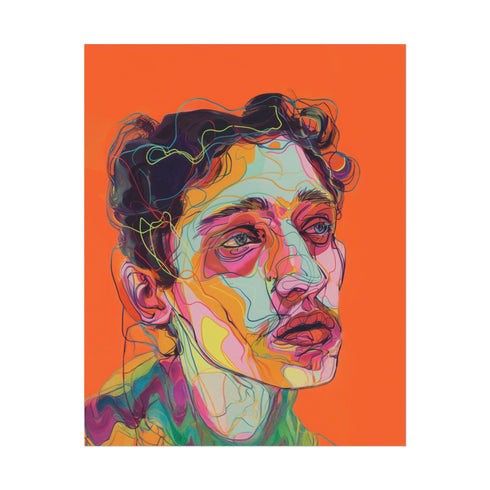 Vibrant digital portrait of a person with angular features against a bright orange background. The face is composed of bold, colorful lines and shapes in various hues including purple, yellow, pink, and teal. The subject has tousled dark hair and a contemplative expression, with prominent eyes and lips. The style is reminiscent of expressive, contemporary digital art.